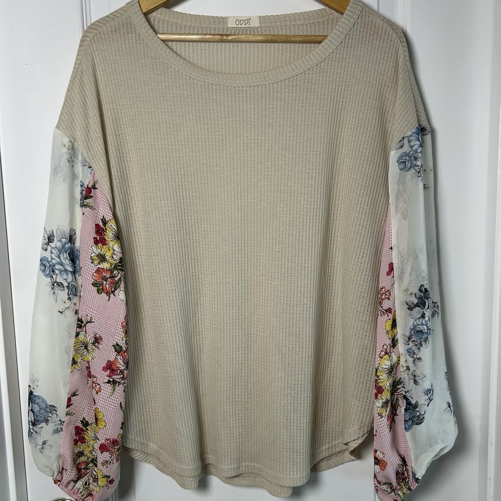 Oddi Cream Waffle Knit Sheer Floral Patchwork Sleeves Top‎ Coquette Boho Style